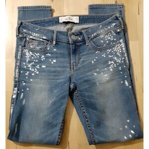 NWT Holister Jeans 9R  29x31 Silver Paint rhinestones skinny jeans New